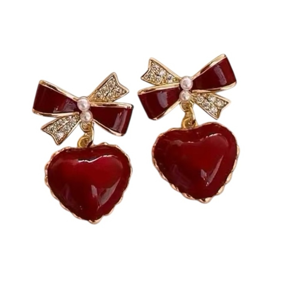 Red Bow & Heart Shaped Dangle Earrings